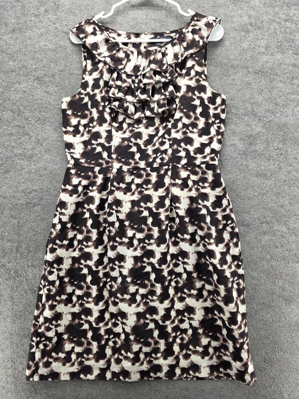 Banana Republic Dress Womens 10 Brown Cream Abstract Ruffle Sleeveless Sheath